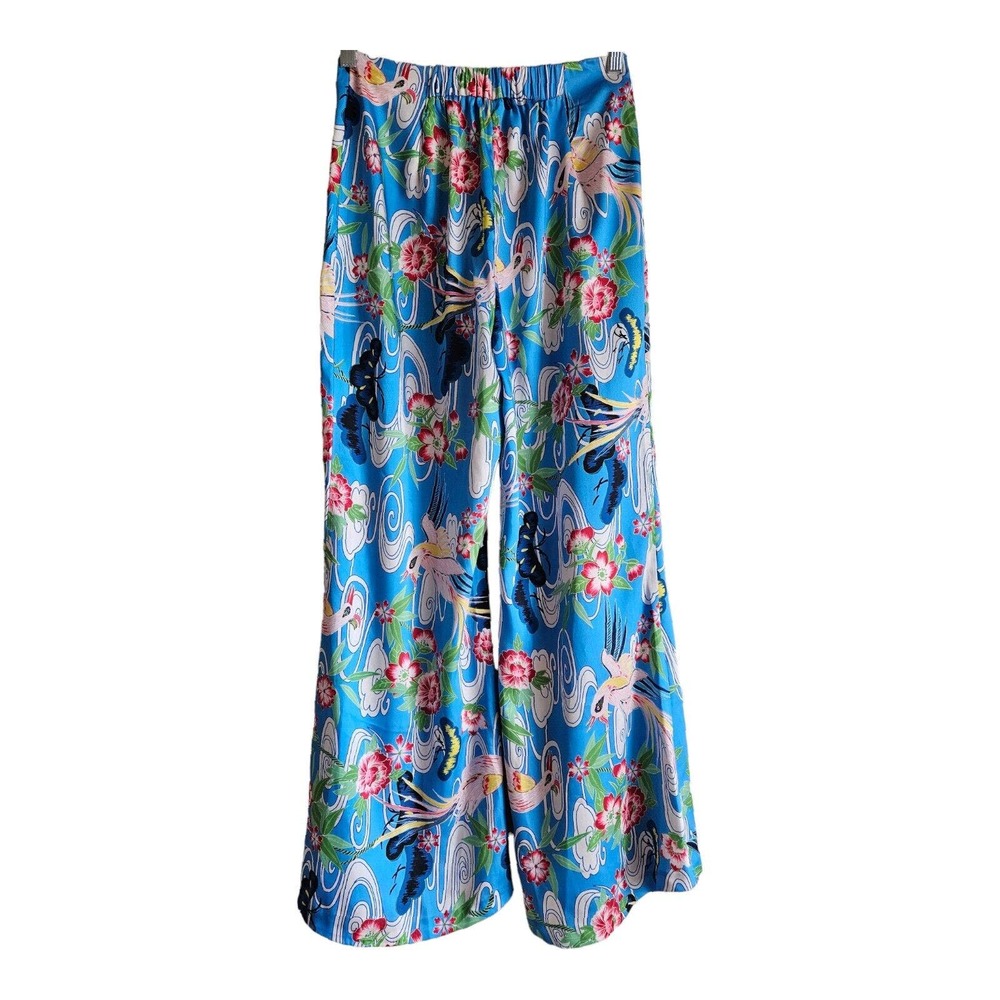 ZARA Women's M Palazzo Pants Satiny Tropical Wide Leg Birds Flowers Waist 26" - Picture 7 of 7